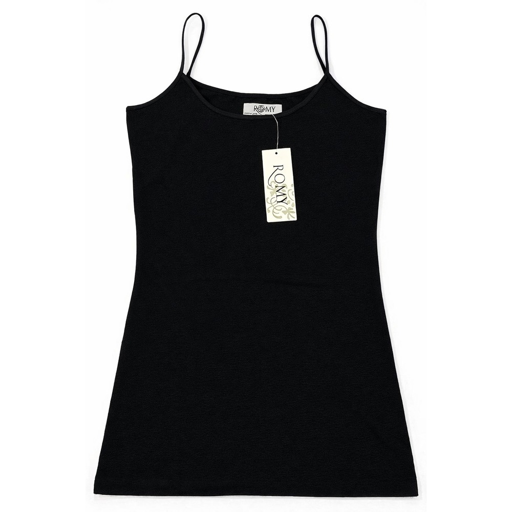 New Romy Womens Medium Spaghetti Straps Basic Black Cotton Blend Long Camisole